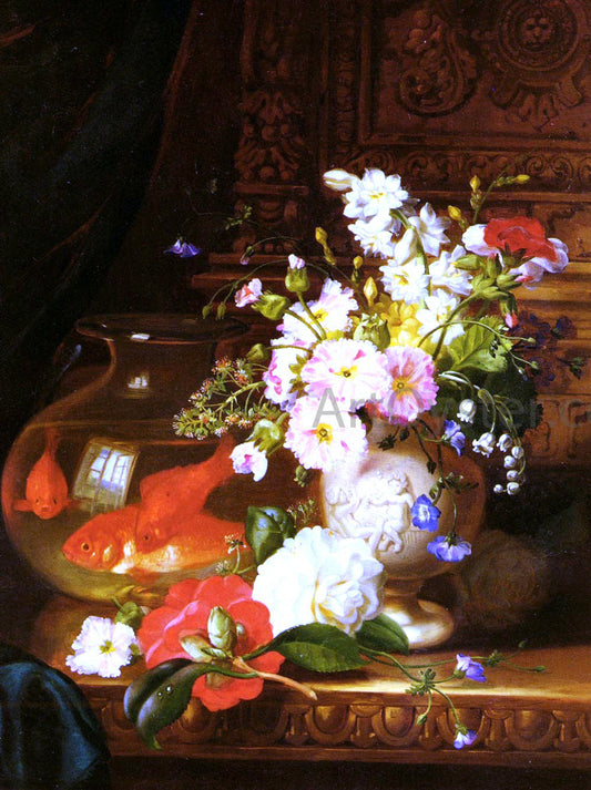  John Wainwright Still Life With Camellias, Primroses And Lily Of The Valley In An Urn By A Goldfish Bowl - Canvas Print