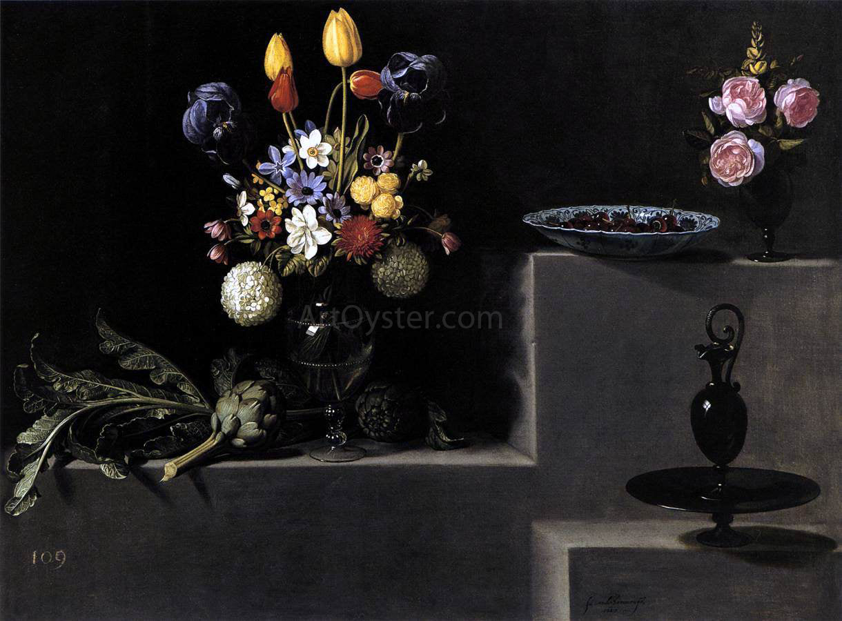  Juan Van der Hamen Still Life with Flowers, Artichokes, Cherries and Glassware - Canvas Print