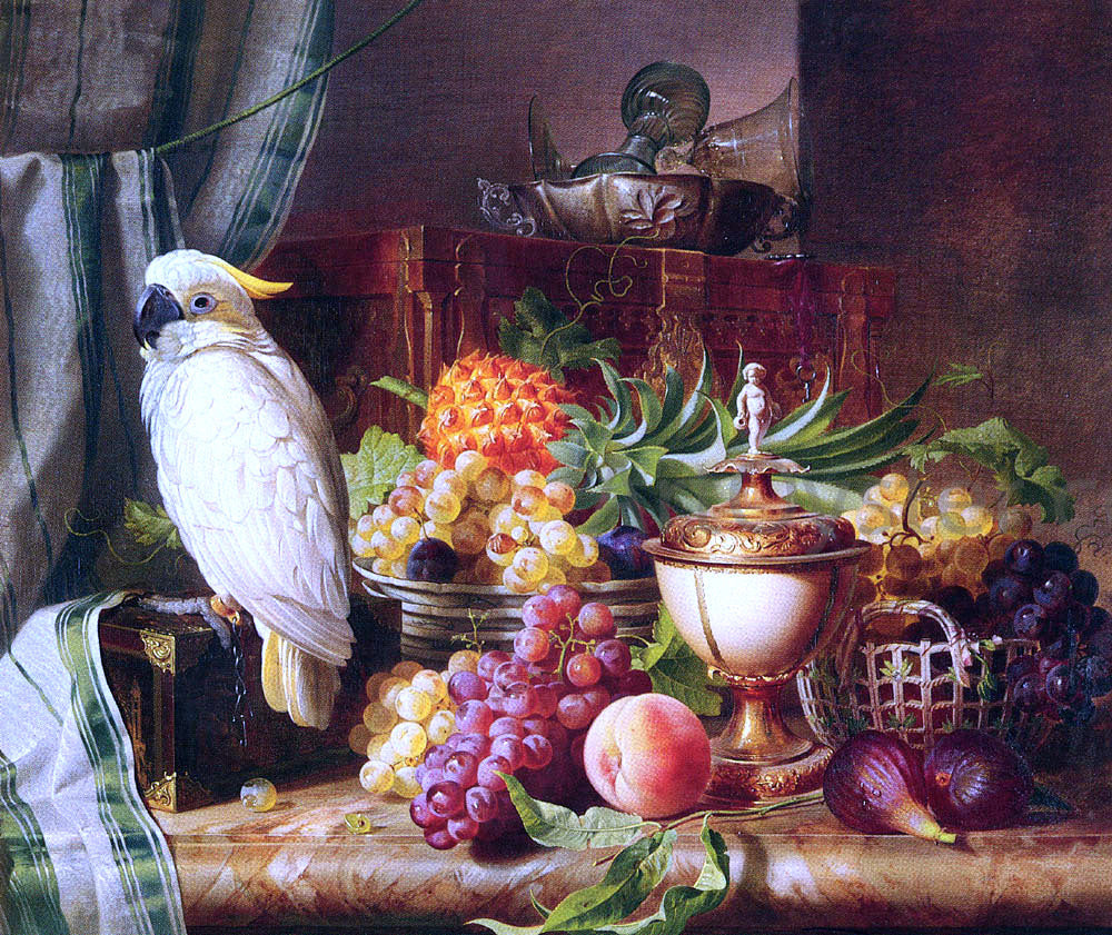  Josef Schuster Still Life with Fruit and a Cockatoo - Canvas Print