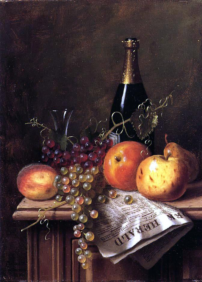  William Michael Harnett Still Life with Fruit, Champagne Bottle and Newspaper - Canvas Print