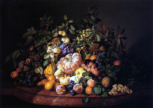  Leopold Zinnogger Still Life with Fruit on a Marble Ledge - Canvas Print