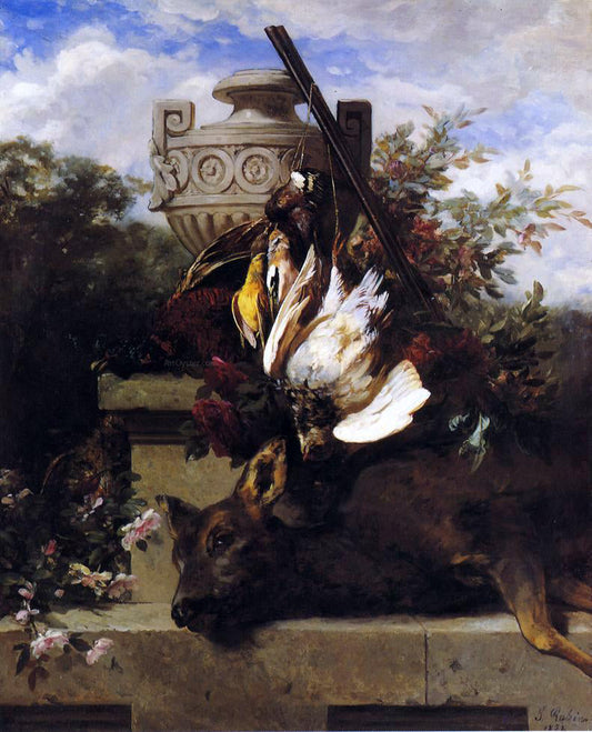  Jean Baptiste Robie Still Life with Game and a Rifle on a Marble Ledge with an Urn in a Flowery Landscape - Canvas Print