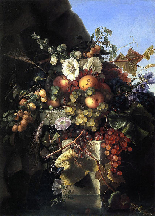  Adelheid Dietrich Still Life with Grapes, Peaches, Flowers and a Butterfly - Canvas Print