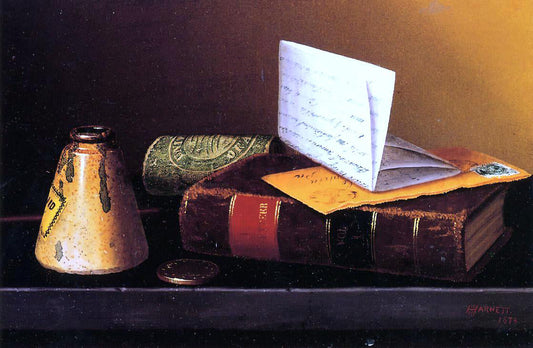  William Michael Harnett Still Life with Ink Bottle, Book and Letter (also known as Still Life with Universal Gazetteer) - Canvas Print