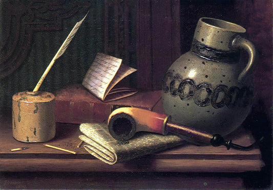 William Michael Harnett Still Life with Inkwell, Book, Pipe and Stoneware Jug - Canvas Print
