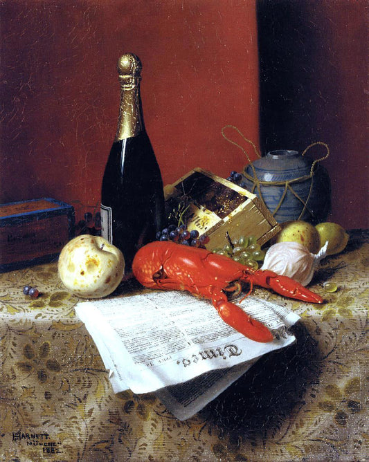  William Michael Harnett Still Life with Lobster, Fruit, Champagne and Newspaper - Canvas Print