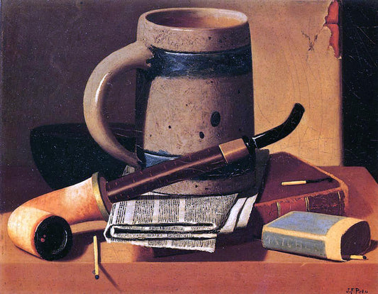  John Frederick Peto Still Life with Pipe, Beer Stein, Newspaper, Book and Matches - Canvas Print