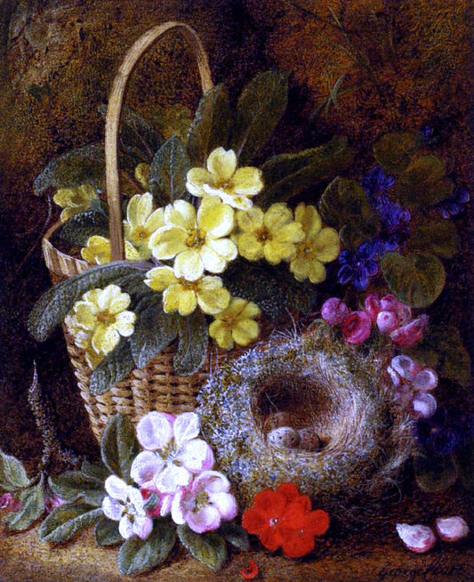  George Clare Still Life with Primroses, Violas, cherry Blossom and Geraniums and a Thrush's Nest - Canvas Print