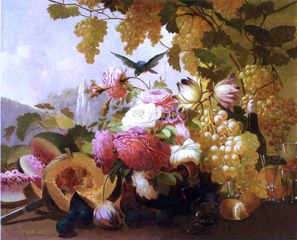  Thomas Hill Still Life with Roses and Wine Glasses - Canvas Print