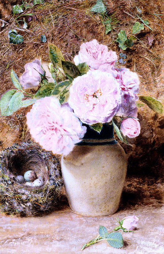  William Henry Hunt Still Life With Roses In A Vase And A Birds Nest - Canvas Print