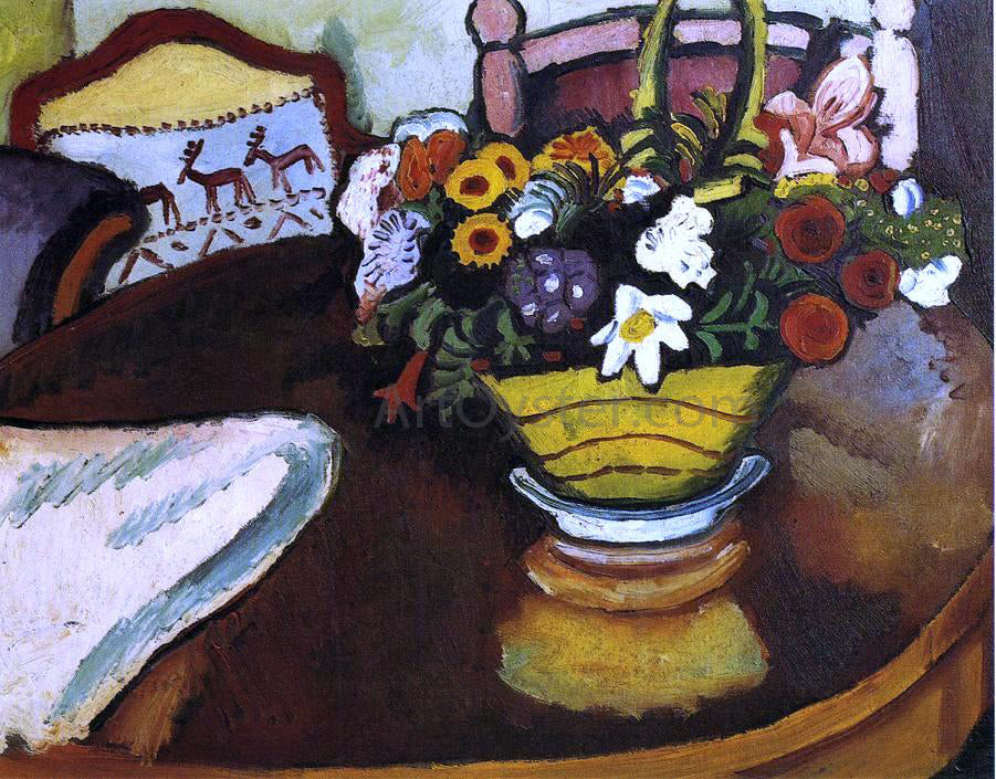  August Macke Still Life with Stag Cushion and Flowers - Canvas Print