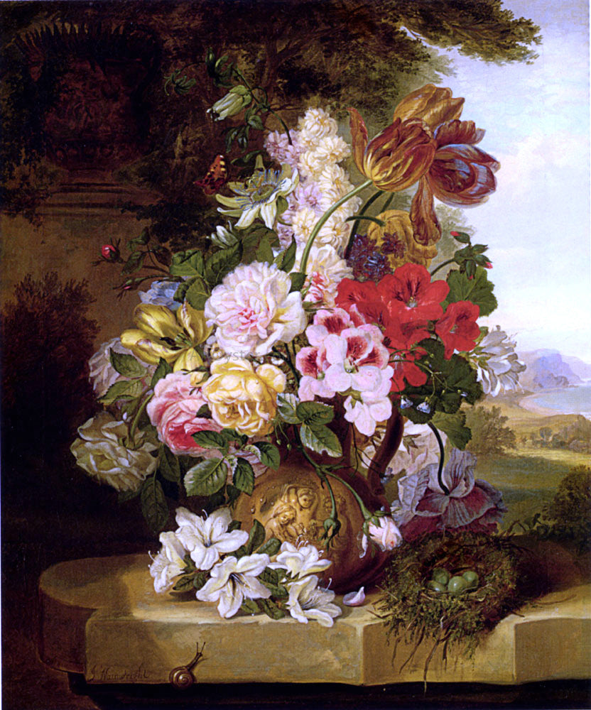  John Wainwright Still Life With Tulips, Roses, Passion Flowers And A Butterfly - Canvas Print