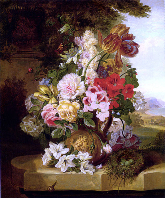  John Wainwright Still Life With Tulips, Roses, Passion Flowers And A Butterfly - Canvas Print