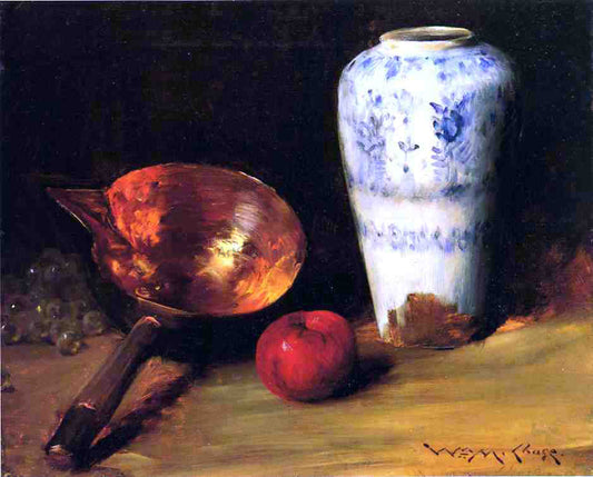  William Merritt Chase Still Life with China Vase, Copper Pot, an Apple and a Bunch of Grapes - Canvas Print