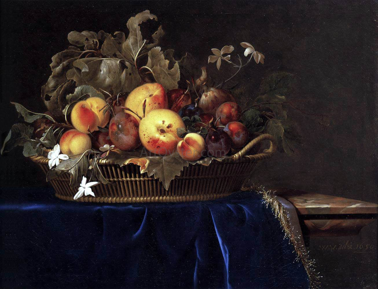  Willem Van Aelst Still-Life with a Basket of Fruit on a Marble Ledge - Canvas Print