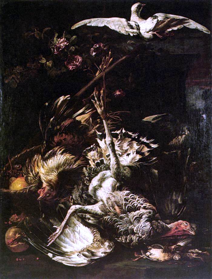 Baldassare De Caro Still-Life with Turkey, Fruit and Flying Pigeon - Canvas Print