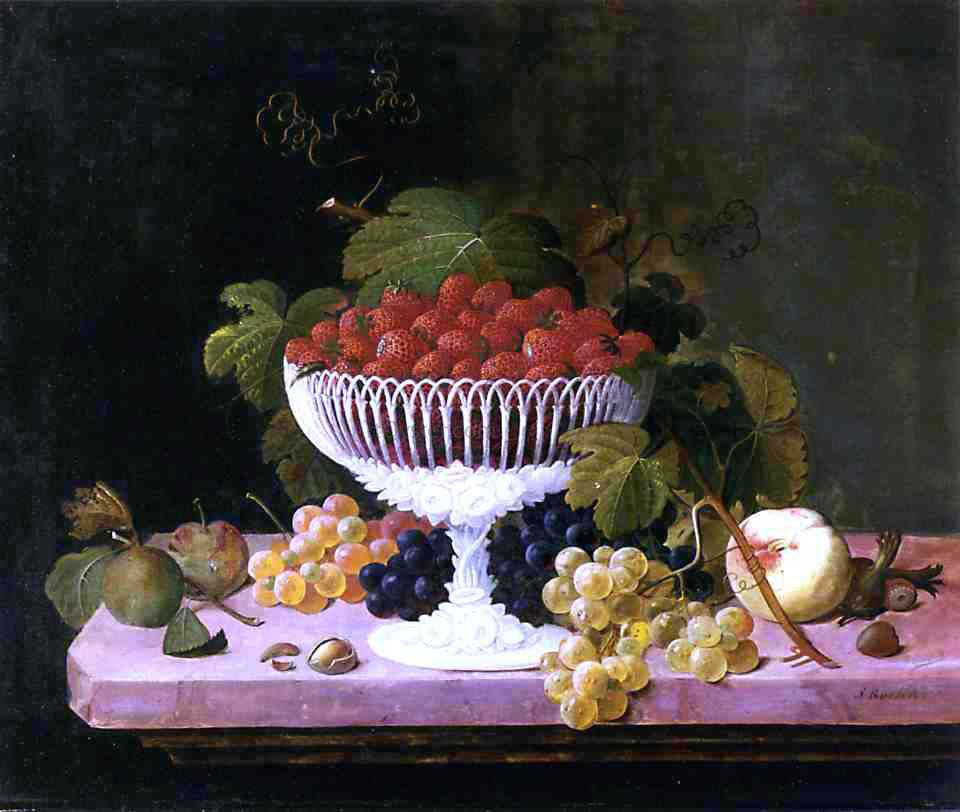  Severin Roesen Strawberries and Porcelain - Canvas Print