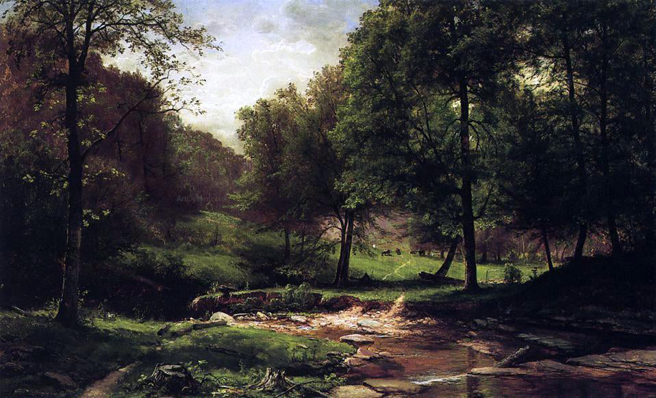  George Hetzel Stream with Field and Grazing Cattle - Canvas Print