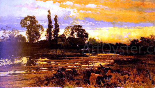  John Horace Hooper Sunset: a Figure feeding Geese in a Marsh Landscape - Canvas Print