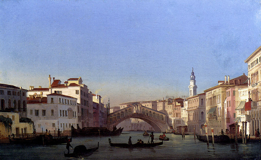  Ippolito Caffi At the Rialto Bridge, Venice - Canvas Print