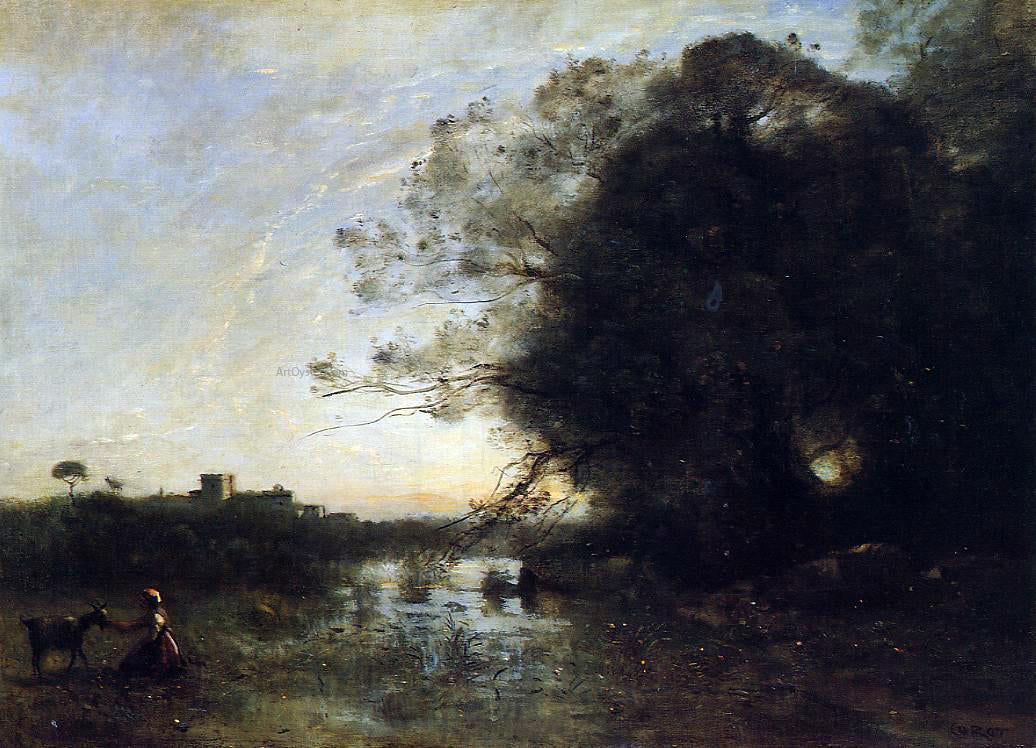  Jean-Baptiste-Camille Corot The Swamp by the Large Tree with a Goatherd - Canvas Print