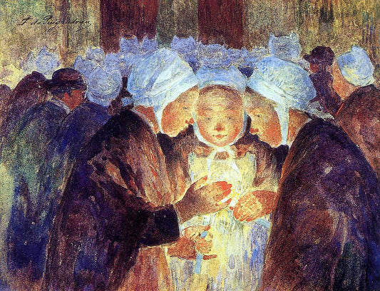  Ferdinand Du Puigaudeau Three Breton Girls Lighting their Candles Before the Procession - Canvas Print