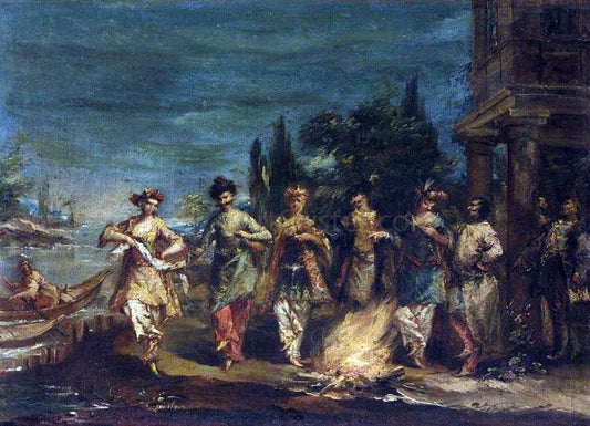 Giovanni Antonio Guardi Three Couples in Exotic Dress Dancing in Front of a Fire - Canvas Print