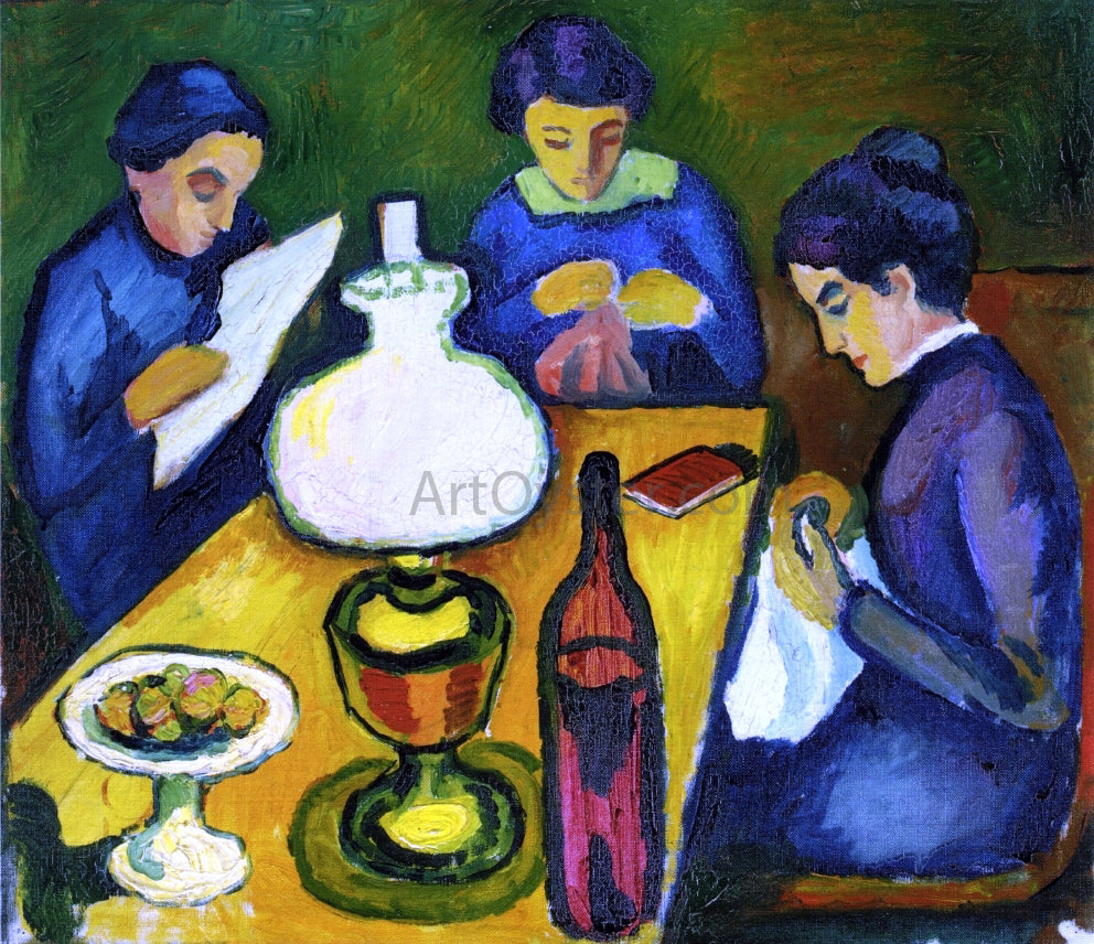  August Macke Three Women at the Table by the Lamp - Canvas Print