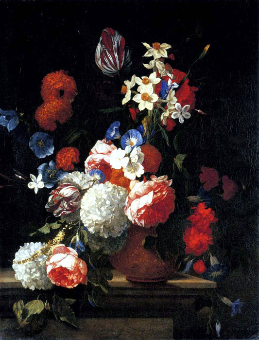  Hieronymus Tulips, Peonies, Morning Glory, Narcissi and other Flowers in a Decorated Vase on a Ledge - Canvas Print