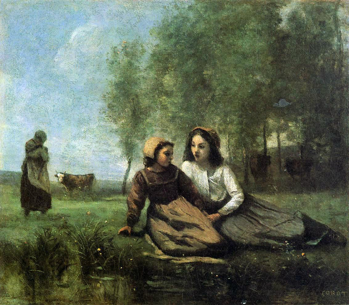  Jean-Baptiste-Camille Corot Two Cowherds in a Meadow by the Water - Canvas Print