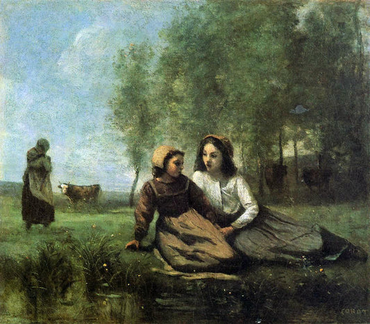  Jean-Baptiste-Camille Corot Two Cowherds in a Meadow by the Water - Canvas Print