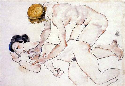  Egon Schiele Two Female Nudes, One Reclining, One Kneeling (also known as The Friends) - Canvas Print