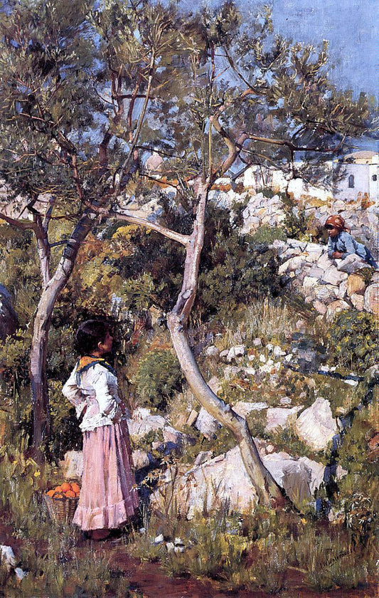  John William Waterhouse Two Little Italian Girls by a Village - Canvas Print