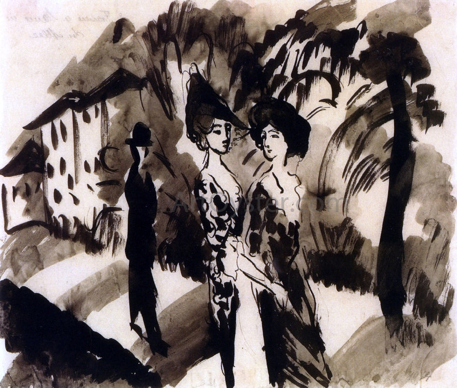  August Macke Two Women and an Man on an Avenue - Canvas Print