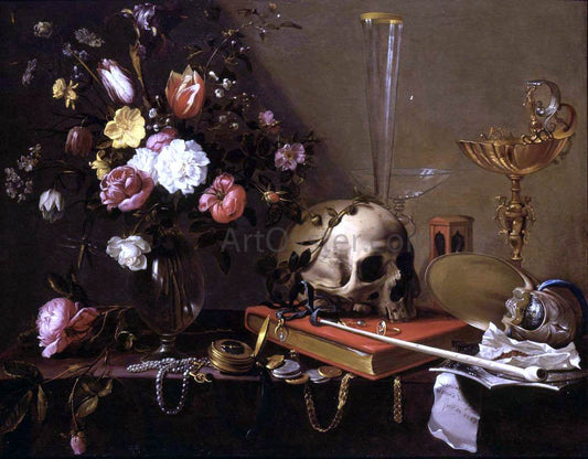  Adriaen Van Utrecht Vanitas Still-Life with a Bouquet and a Skull - Canvas Print