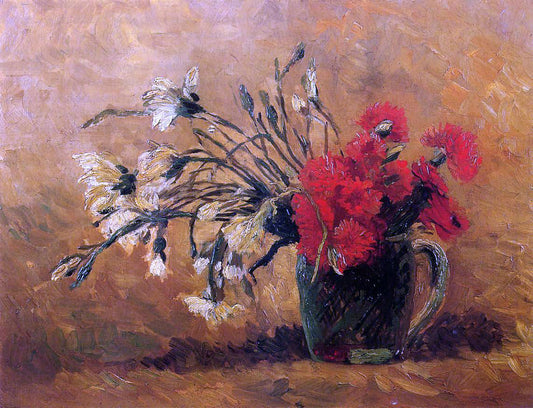  Vincent Van Gogh Vase with Red and White Carnations on a Yellow Background - Canvas Print