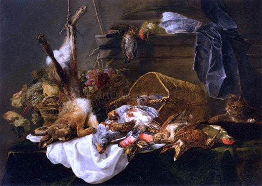  Jan Fyt Venison and Basket of Grapes Watched by a Cat - Canvas Print