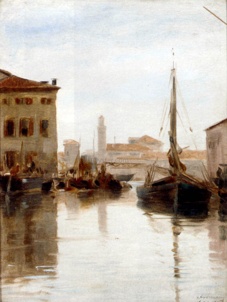  Adolf Schwarz Vessels Moored on a Venetian Backwater - Canvas Print