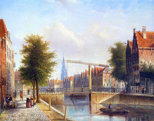 Johannes Franciscus Spohler View of a Town with Figures Strolling on a Quay - Canvas Print
