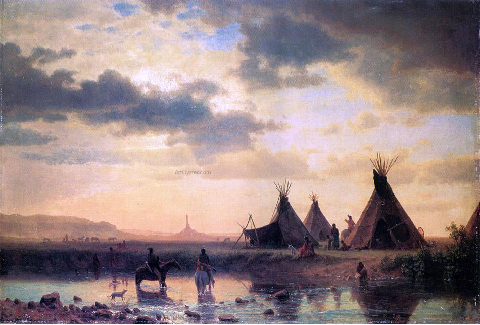  Albert Bierstadt View of Chimney Rock, Ogalillalh Sioux Village in Foreground - Canvas Print
