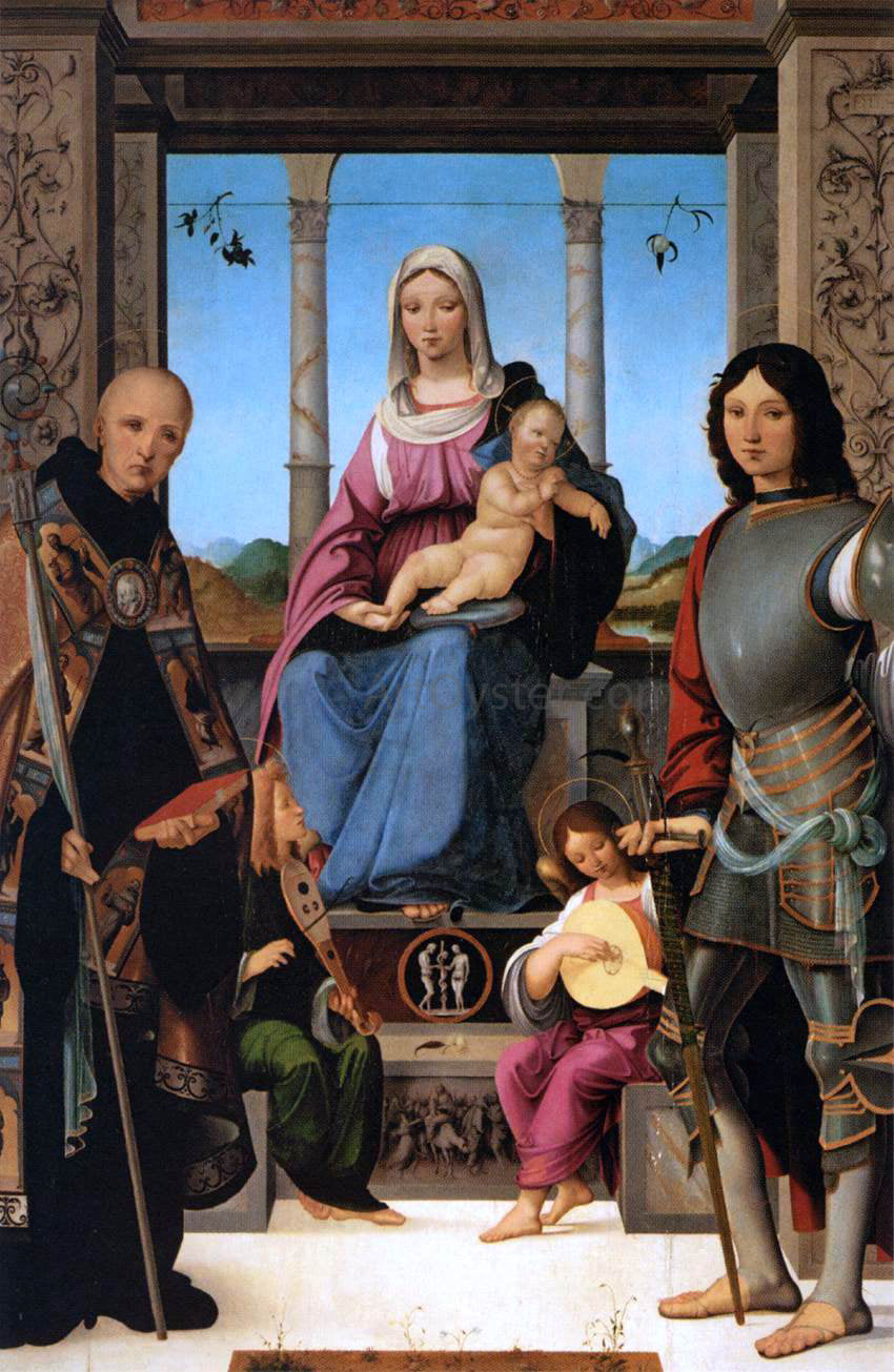  Francesco Marmitta Virgin and Child Flanked by Sts Benedict and Quentin - Canvas Print