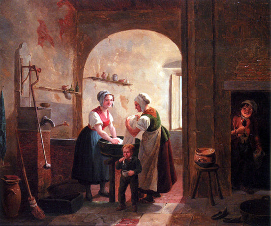  Constantin Fidele Coene Washerwomen In A Sunlit Basement With A Young Boy Blowing Bubbles - Canvas Print