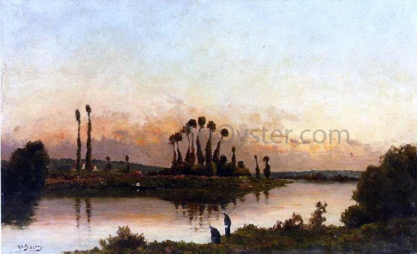  Hippolyte Camille Delpy Washerwomen in an Extensive River Landscape - Canvas Print