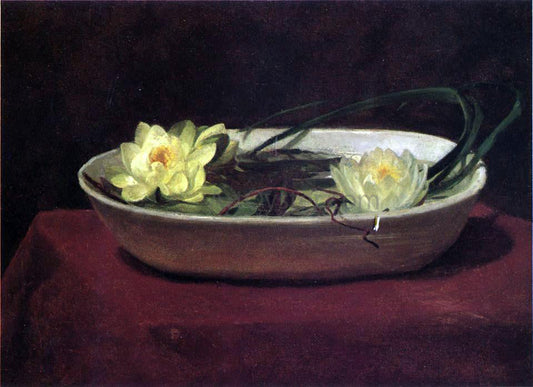  John La Farge Water-Lilies in a White Bowl - with Red Table Cover - Canvas Print