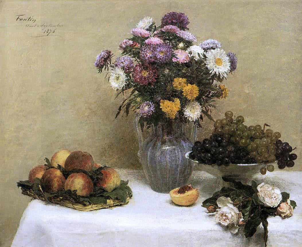  Henri Fantin-Latour White Roses, Chrysanthemums in a Vase, Peaches and Grapes on a Table with a White Tablecloth - Canvas Print