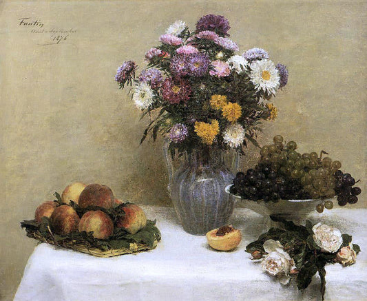  Henri Fantin-Latour White Roses, Chrysanthemums in a Vase, Peaches and Grapes on a Table with a White Tablecloth - Canvas Print