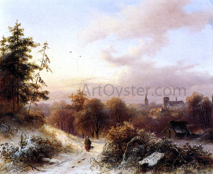  Alexander Joseph Daiwaille Winter: A Peasant on a Path in a Wooded Landscape, a Town in the Background - Canvas Print
