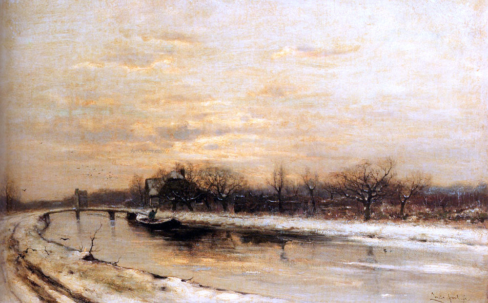  Louis Apol Winter: An Orchard Alongside A Canal With A Farmhouse In The Distance At Dusk - Canvas Print