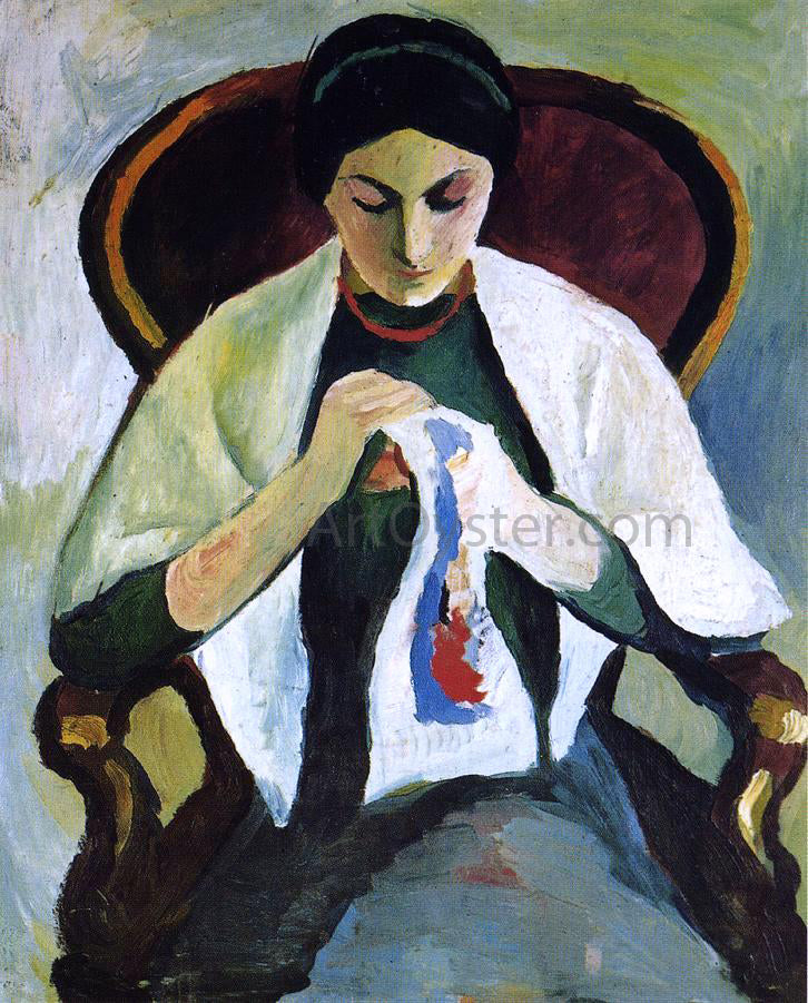  August Macke Woman Embroidering in an Armchair: Portrait of the Artist's Wife - Canvas Print