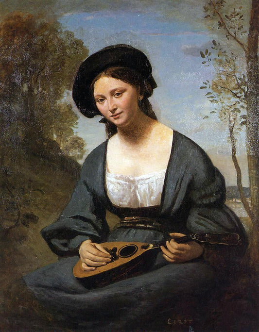  Jean-Baptiste-Camille Corot Woman in a Toque with a Mandolin - Canvas Print
